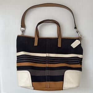 Coach Hadley Shoulder Tote Dual Straps Striped Canvas Leather Travel Bag